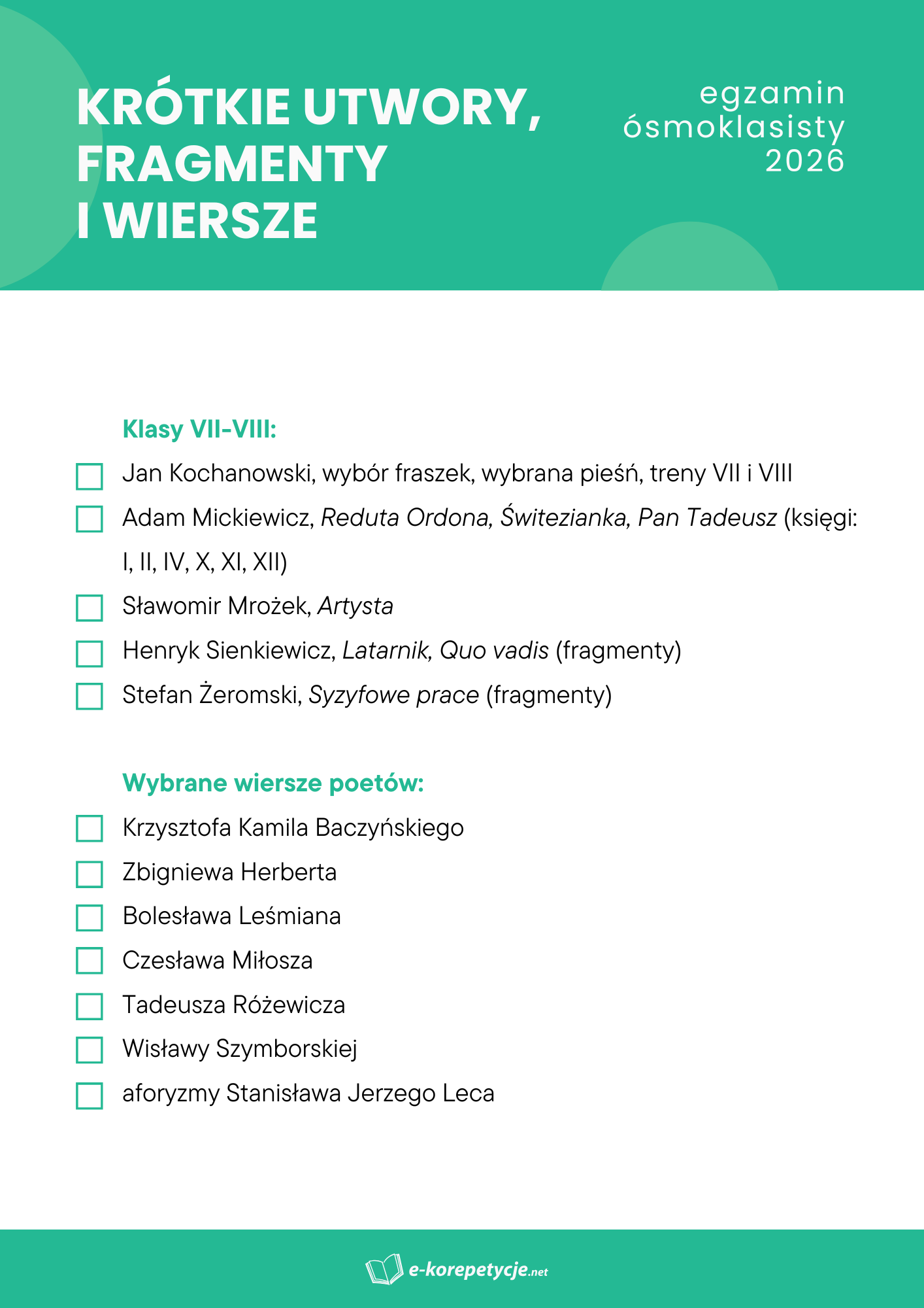 Checklista krótkich utworów, fragmentów i wierszy obowiązujących na egzaminie ósmoklasisty 2026 — klasy VII-VIII: Kochanowski, Mickiewicz (Pan Tadeusz, księgi I, II, IV, X, XI, XII), Mrożek, Sienkiewicz, Żeromski oraz wiersze Baczyńskiego, Herberta, Leśmiana, Miłosza, Różewicza, Szymborskiej
