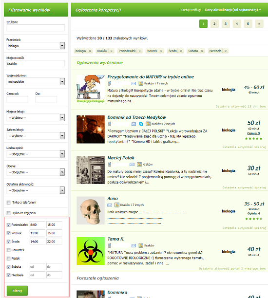 Filtrowanie wyników