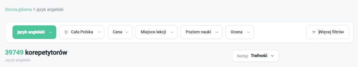 Podstawowy pasek filtrów: przedmiot, lokalizacja, cena, miejsce lekcji, poziom nauki i ocena.