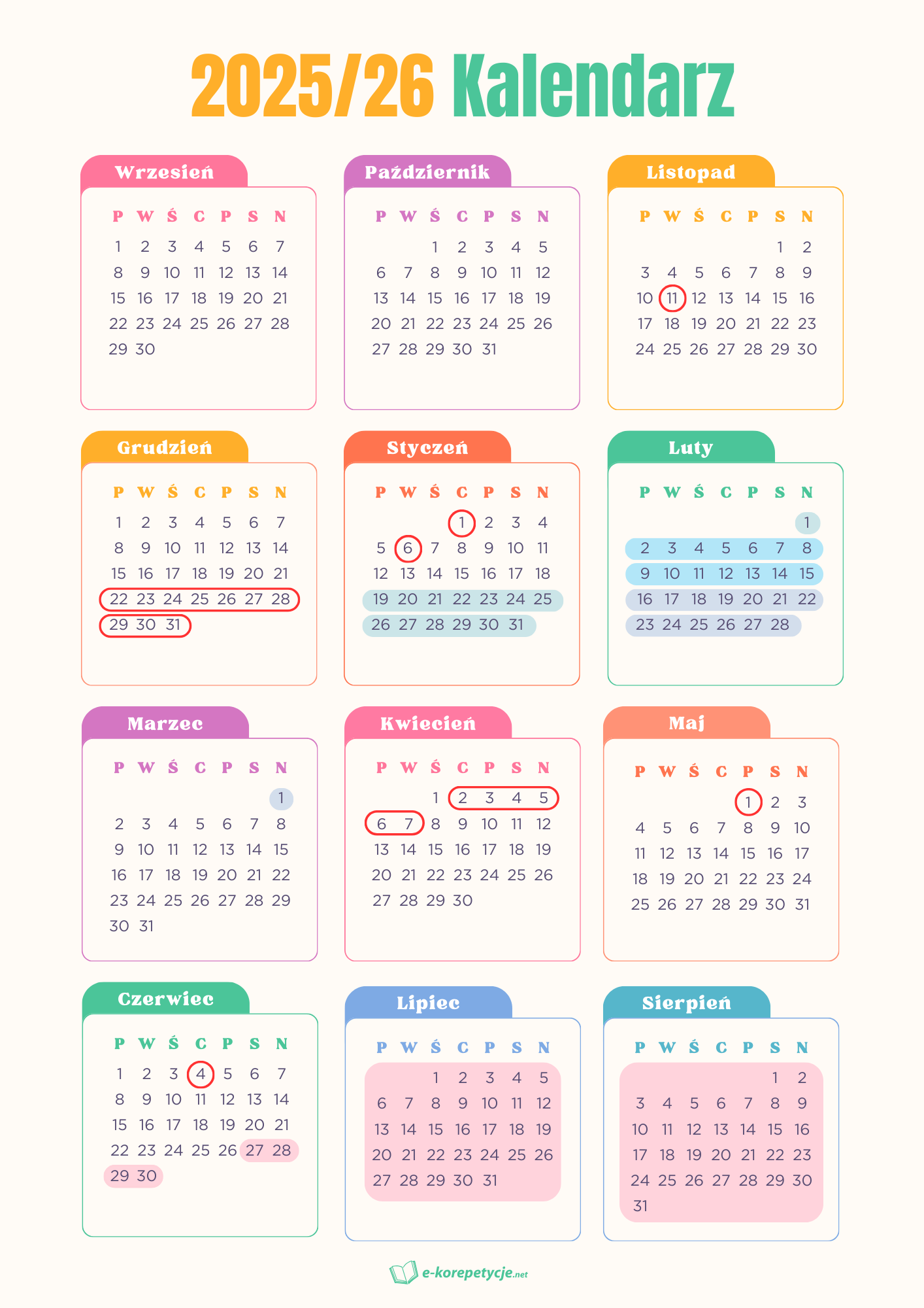 Kalendarz rok szkolny 2025/2026