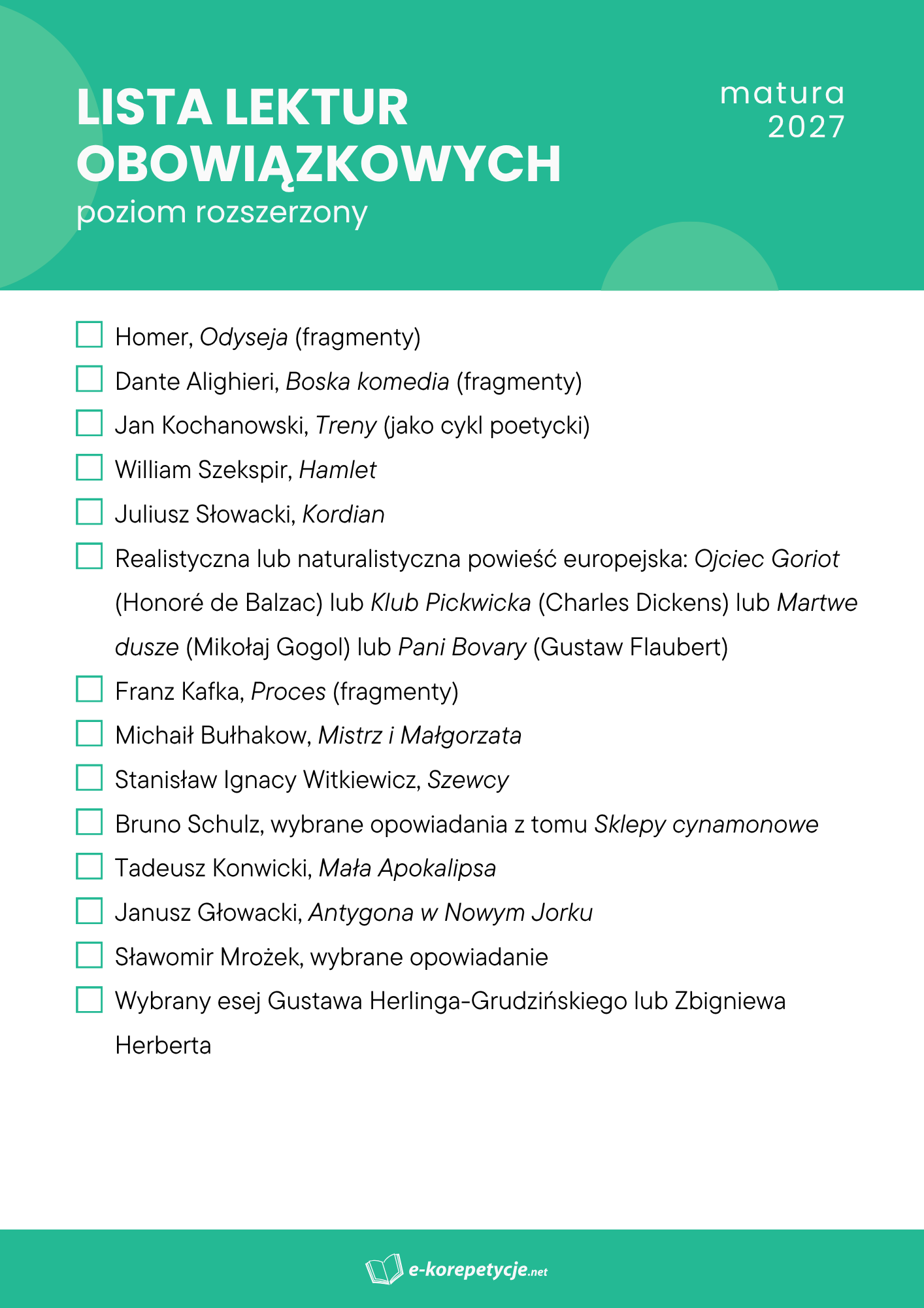 Lista lektur obowiązkowych na maturę 2027 z języka polskiego, poziom rozszerzony: od „Odysei” Homera do wybranego eseju Herlinga-Grudzińskiego lub Herberta.