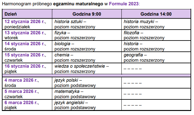 tabela z terminami probnych matur 2026