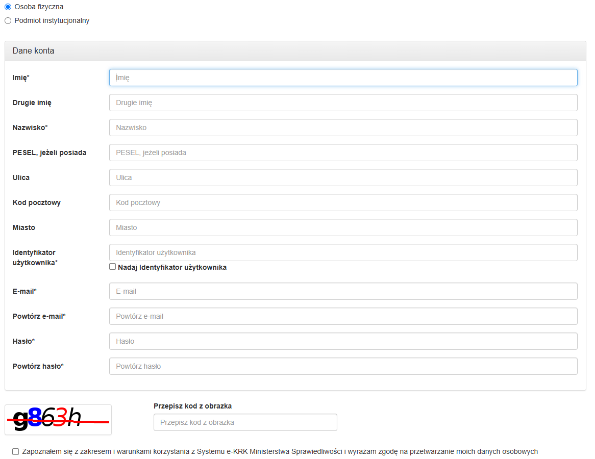 formularz rejestracji konta w e-krk