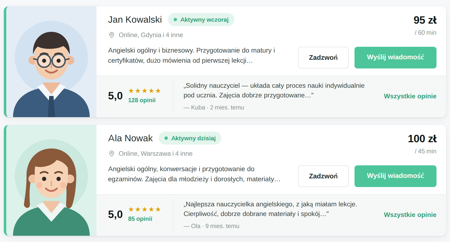 Widok wizytówek korepetytorów na liście wyszukiwania w komputerze.