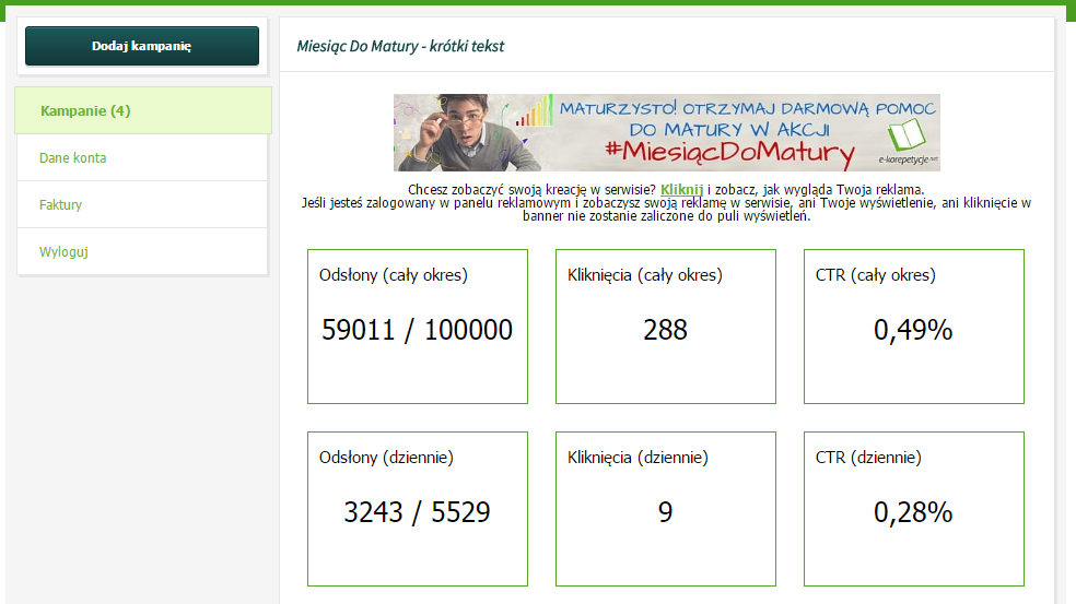 Zrzut z ekranu po zalogowaniu się do panelu reklamowego